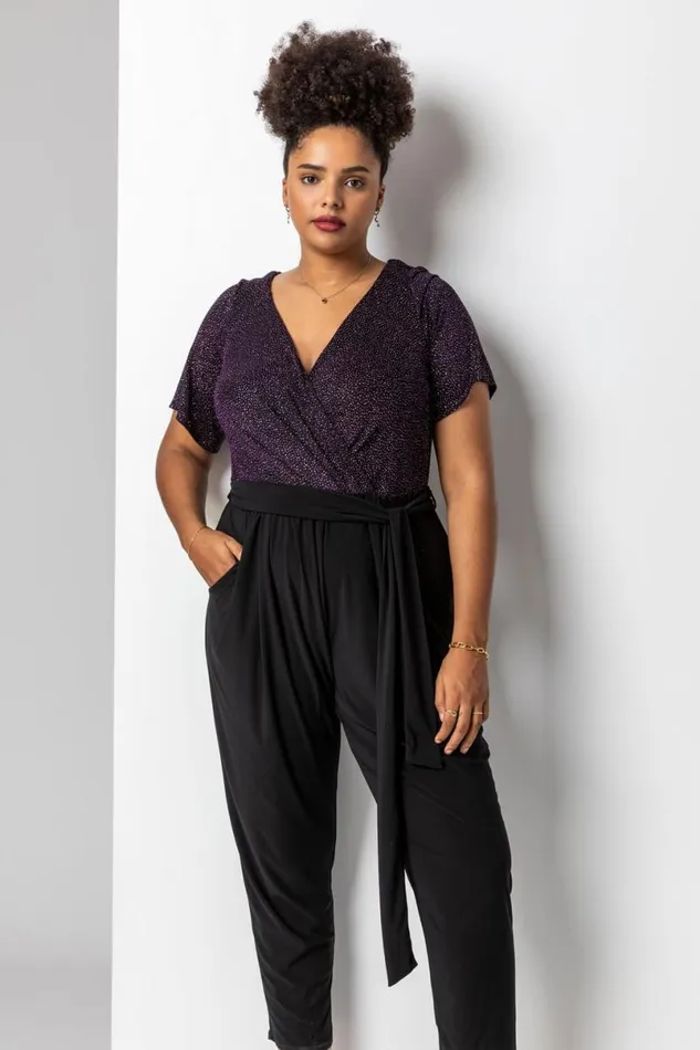 Pink Curve Sparkle Wrap Jumpsuit Women Roman Dresses