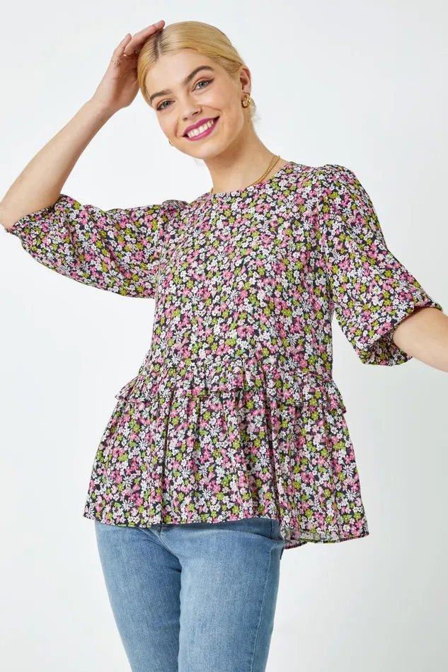 Pink Ditsy Floral Frill Detail Top Women Roman Tops