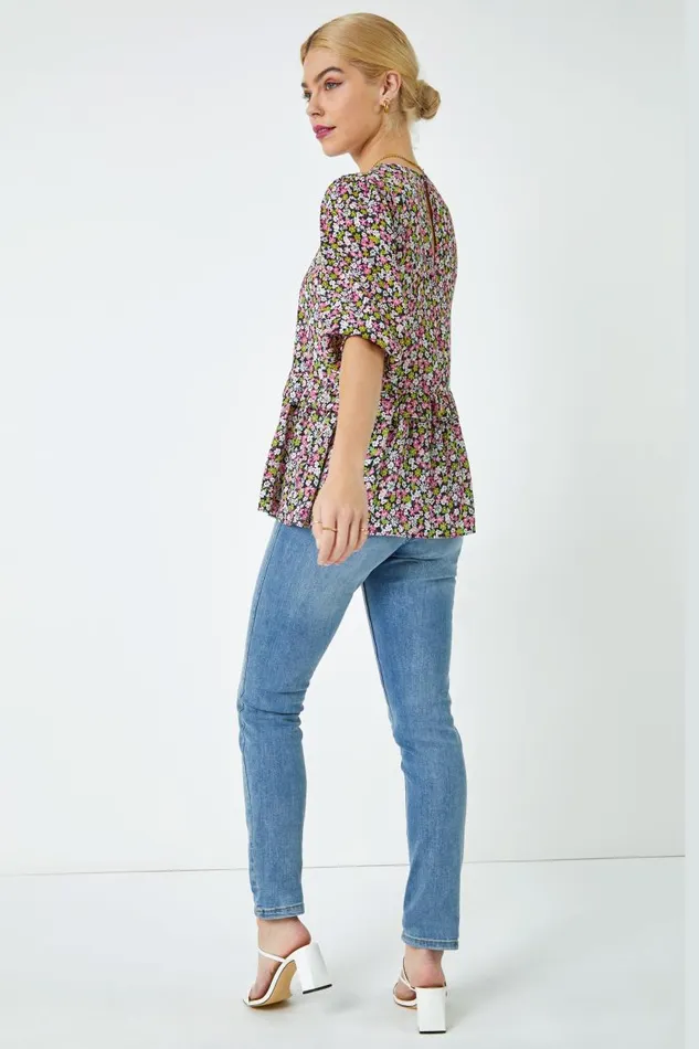 Pink Ditsy Floral Frill Detail Top Women Roman Tops