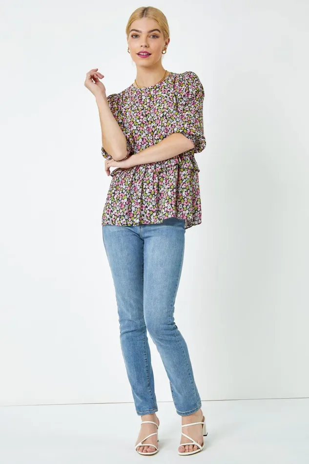 Pink Ditsy Floral Frill Detail Top Women Roman Tops