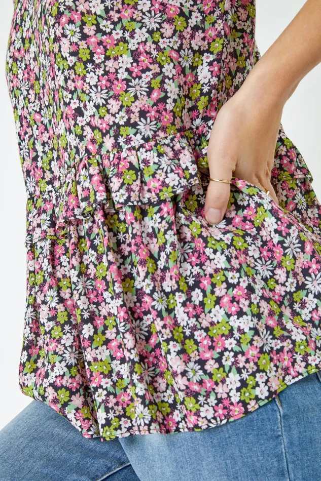Pink Ditsy Floral Frill Detail Top Women Roman Tops