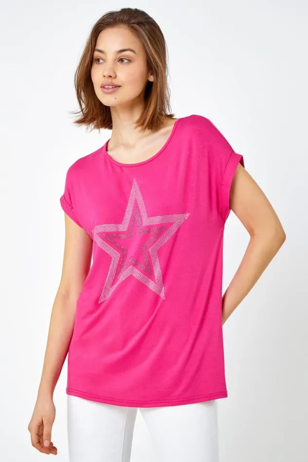 Pink Embellished Star Print TShirt Women Roman Tops
