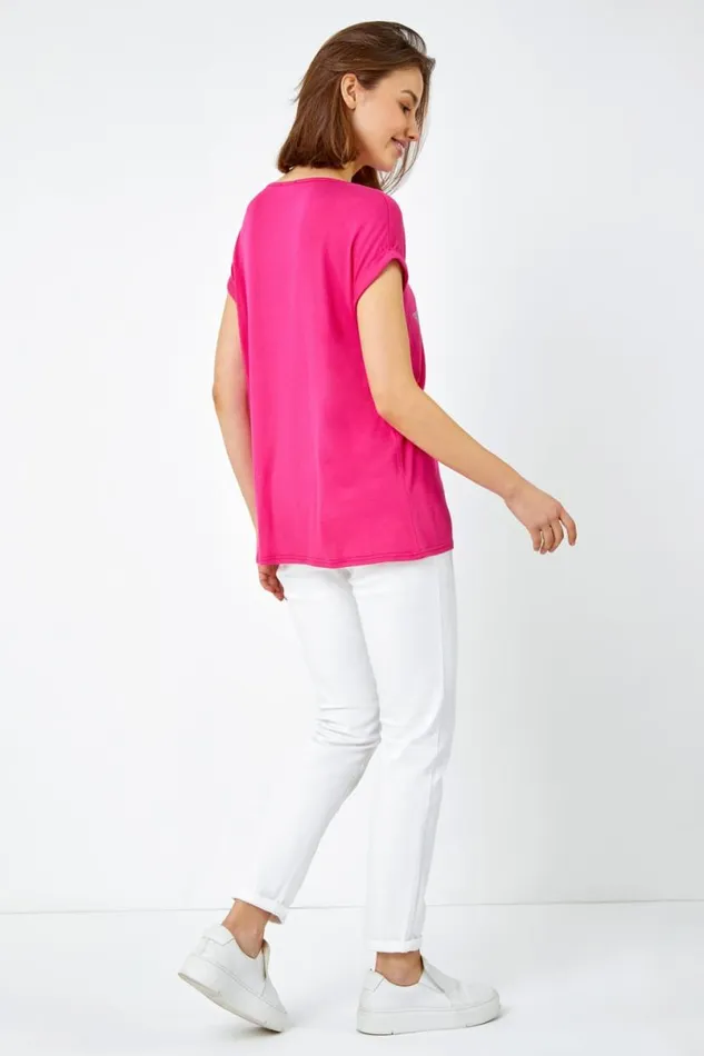 Pink Embellished Star Print TShirt Women Roman Tops
