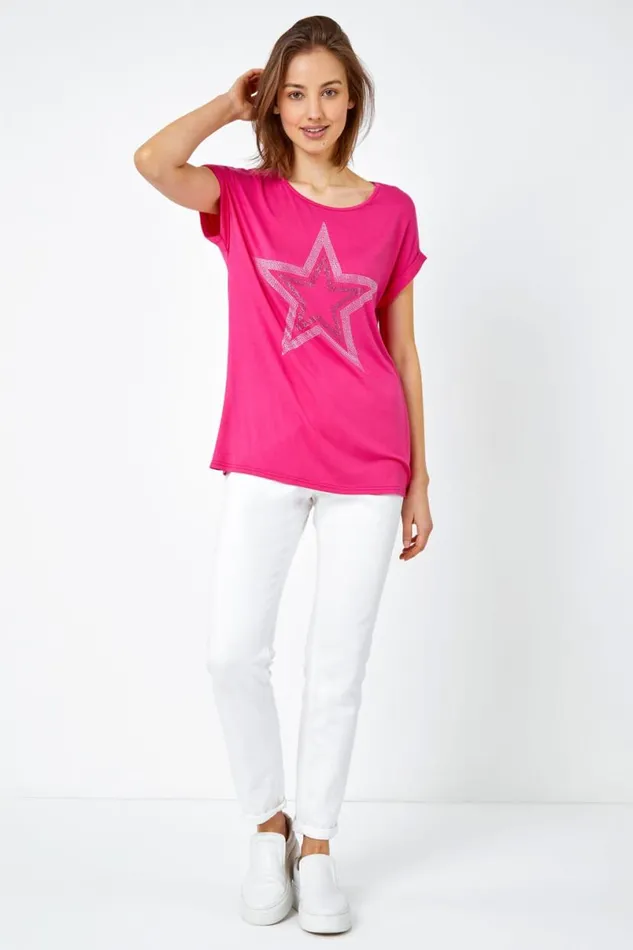 Pink Embellished Star Print TShirt Women Roman Tops