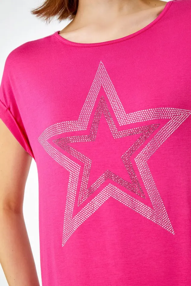 Pink Embellished Star Print TShirt Women Roman Tops