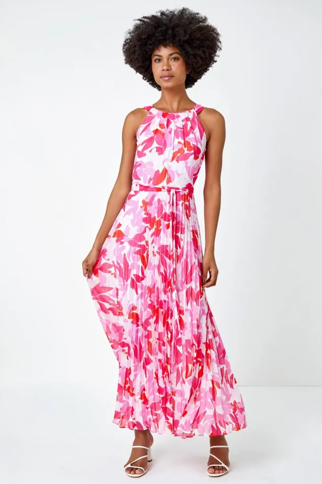 Pink Floral Halter Neck Pleated Chiffon Maxi Dress Women Roman Dresses