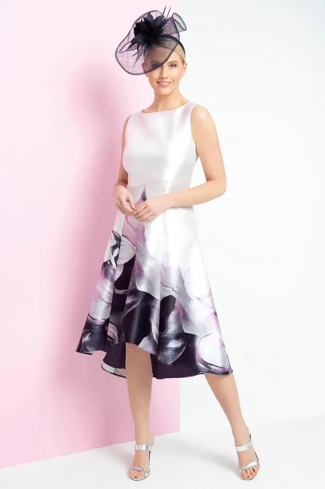 Pink Floral Print Dipped Hem Midi Dress Women Roman Dresses