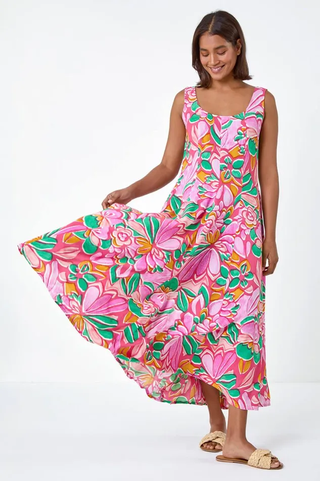 Pink Floral Print Panelled Midi Dress Women Roman Dresses