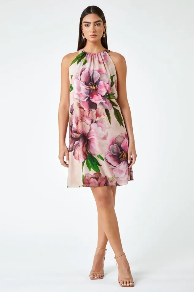 Pink LIMITED Floral Halterneck Shift Dress Women Roman Dresses