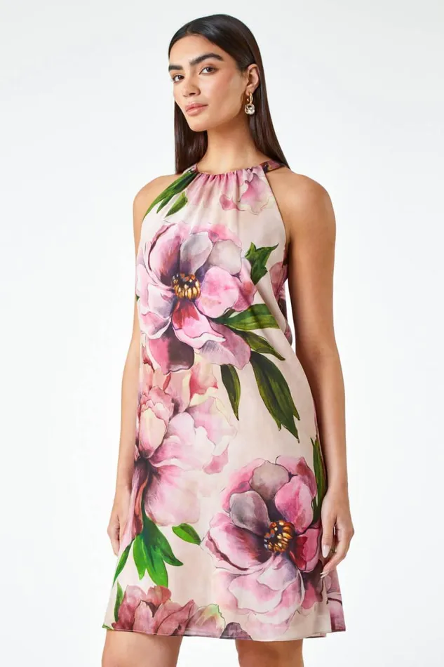 Pink LIMITED Floral Halterneck Shift Dress Women Roman Dresses