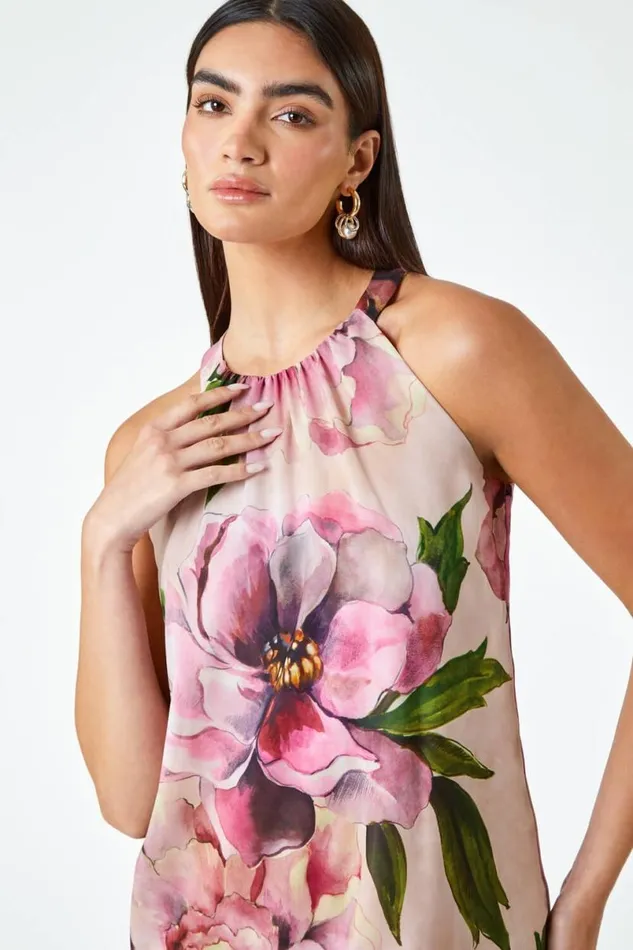 Pink LIMITED Floral Halterneck Shift Dress Women Roman Dresses