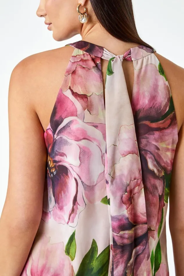 Pink LIMITED Floral Halterneck Shift Dress Women Roman Dresses