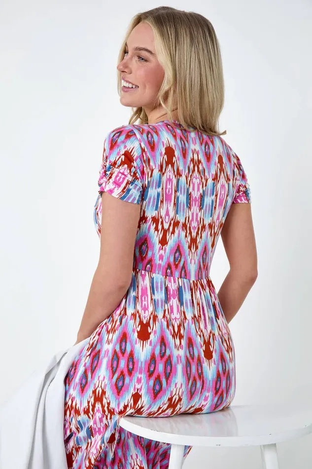 Pink Petite Aztec Print Stretch Pocket Midi Dress Women Roman Dresses