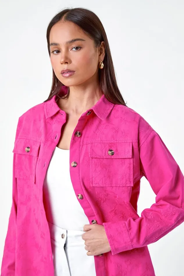 Pink Petite Cotton Broderie Pocket Jacket Women Roman Jackets