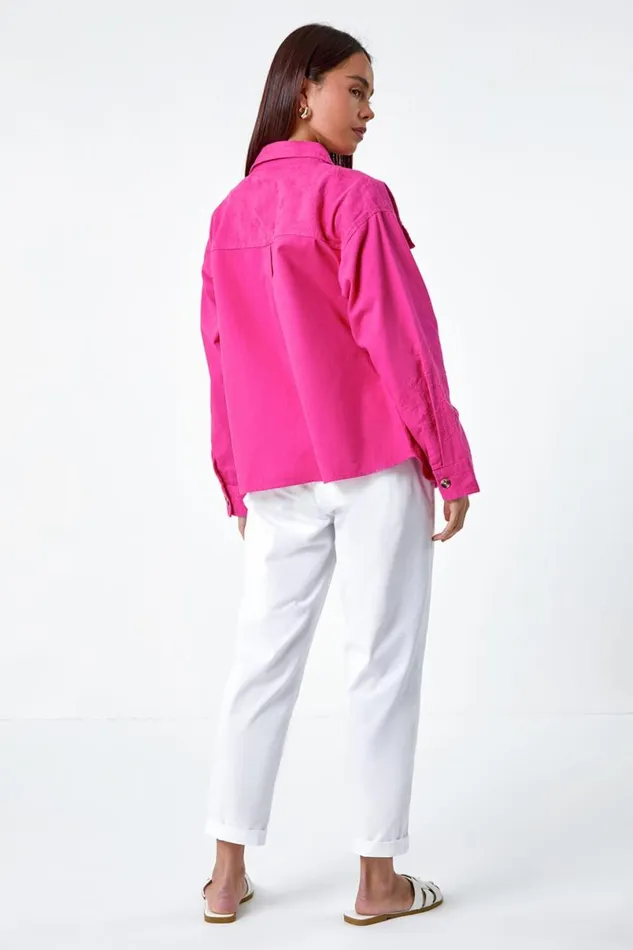 Pink Petite Cotton Broderie Pocket Jacket Women Roman Jackets