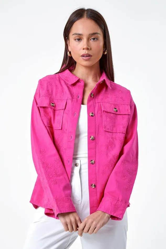 Pink Petite Cotton Broderie Pocket Jacket Women Roman Jackets