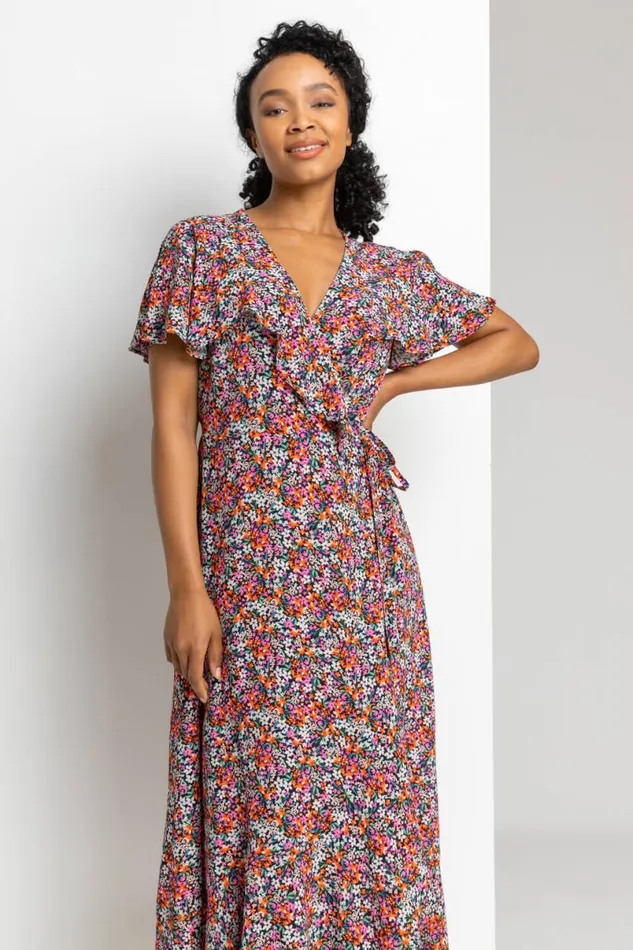 Pink Petite Ditsy Floral Frill Wrap Midi Dress Women Roman Dresses