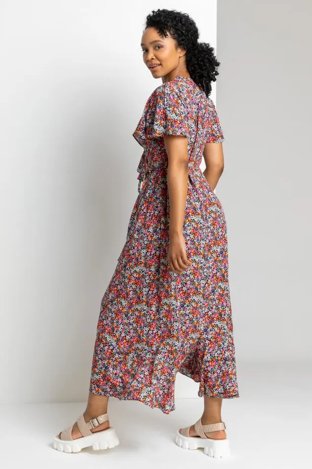 Pink Petite Ditsy Floral Frill Wrap Midi Dress Women Roman Dresses