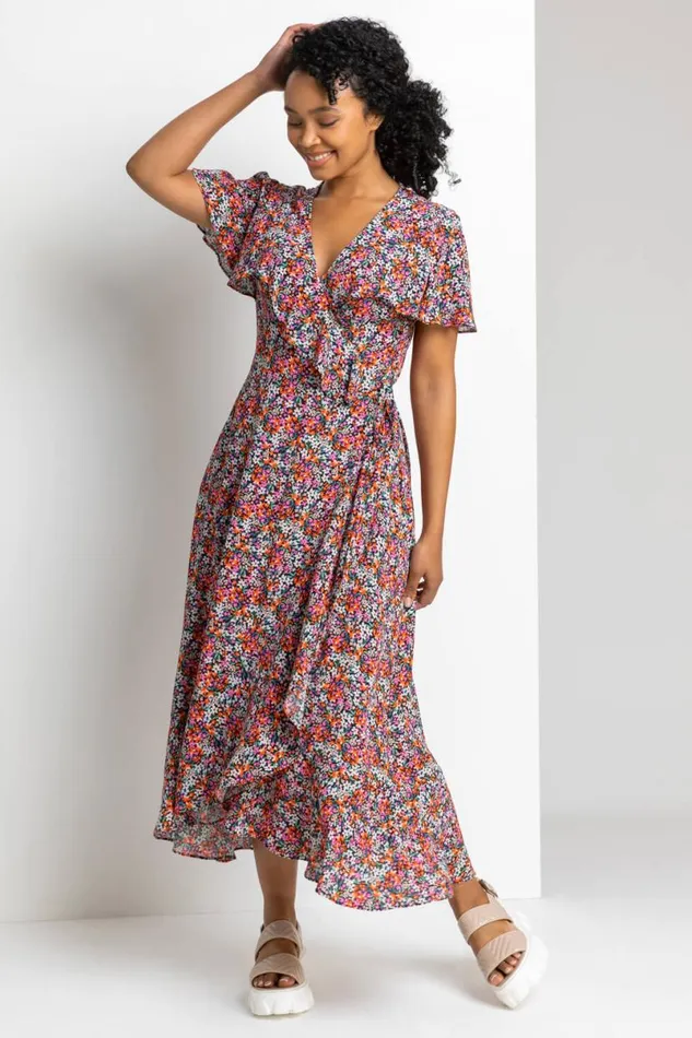 Pink Petite Ditsy Floral Frill Wrap Midi Dress Women Roman Dresses