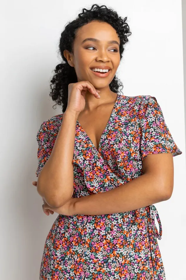 Pink Petite Ditsy Floral Frill Wrap Midi Dress Women Roman Dresses