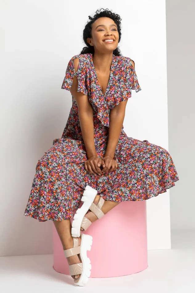 Pink Petite Ditsy Floral Frill Wrap Midi Dress Women Roman Dresses
