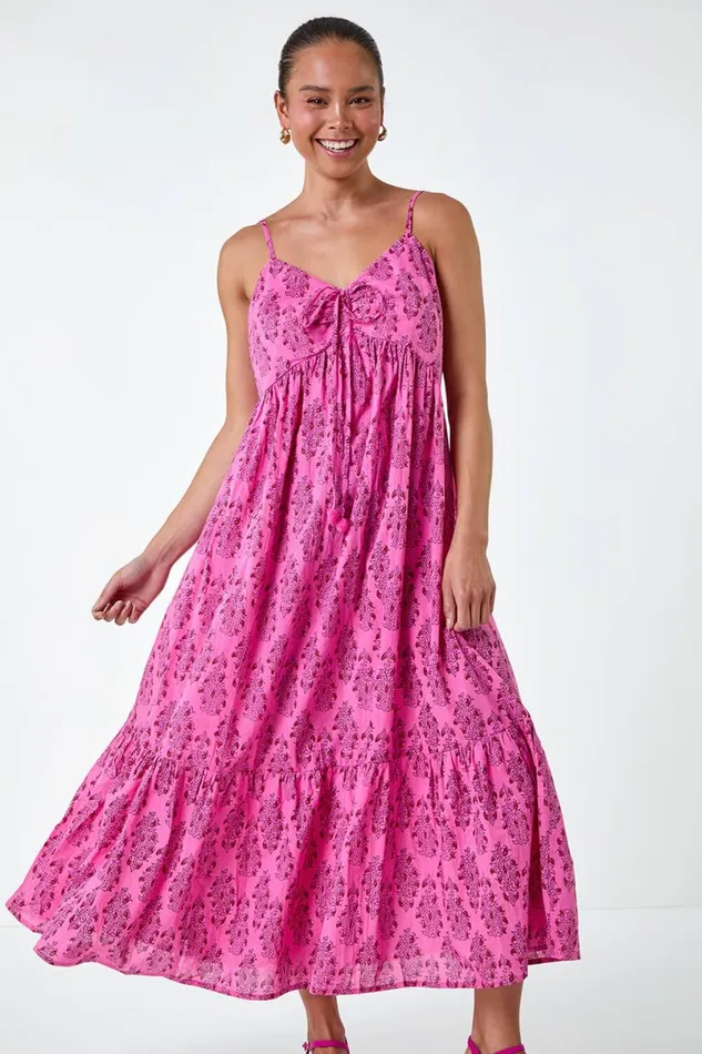 Pink Petite Paisley Tiered Cotton Midi Dress Women Roman Dresses