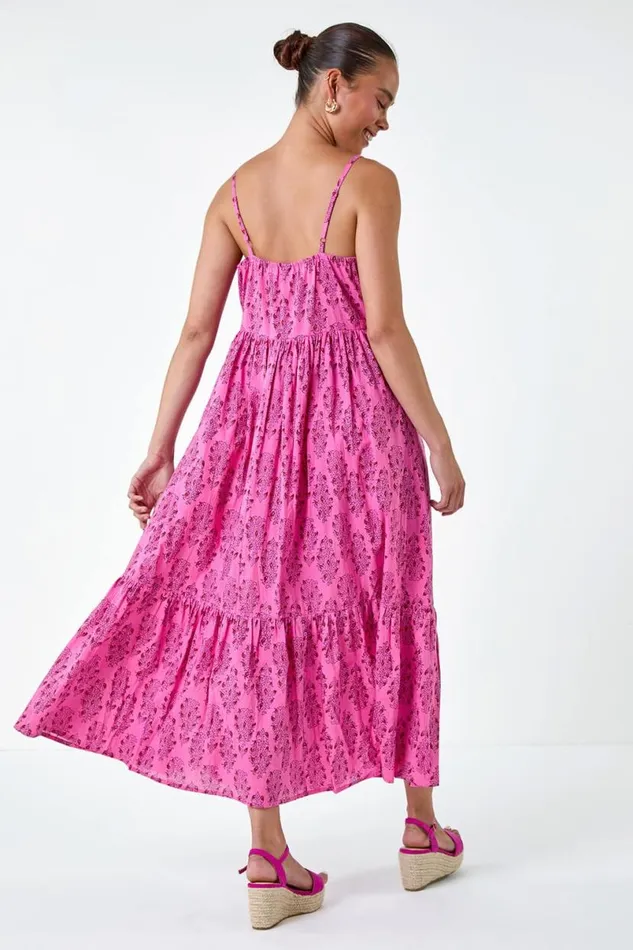 Pink Petite Paisley Tiered Cotton Midi Dress Women Roman Dresses