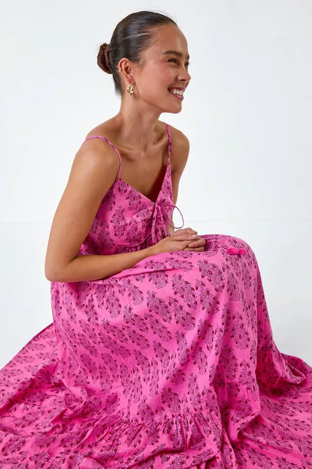 Pink Petite Paisley Tiered Cotton Midi Dress Women Roman Dresses