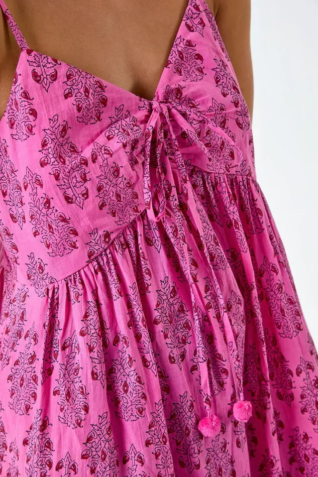 Pink Petite Paisley Tiered Cotton Midi Dress Women Roman Dresses