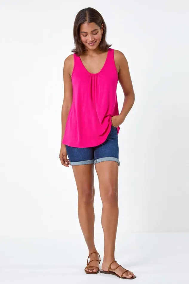 Pink Plain VNeck Stretch Jersey Vest Top Women Roman Tops