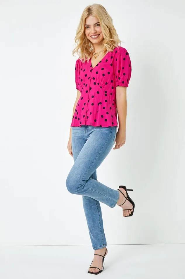 Pink Polka Dot Tea Blouse Women Roman Tops