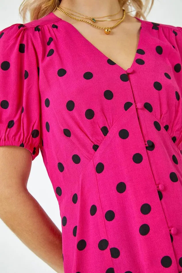 Pink Polka Dot Tea Blouse Women Roman Tops