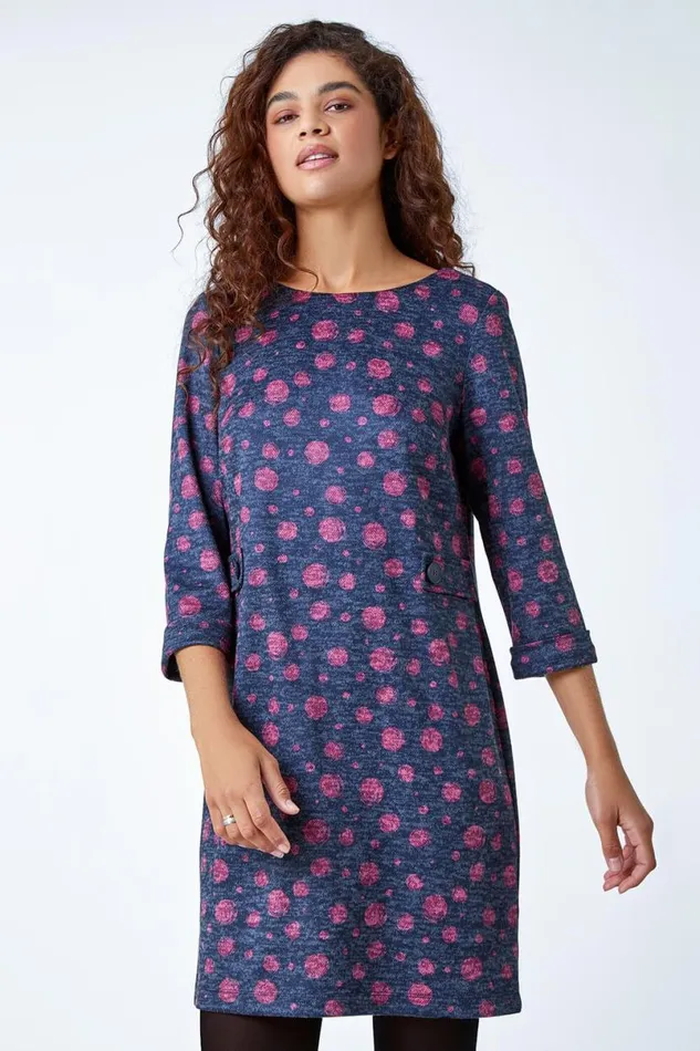 Pink Spot Print Shift Stretch Dress Women Roman Dresses