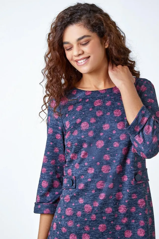 Pink Spot Print Shift Stretch Dress Women Roman Dresses