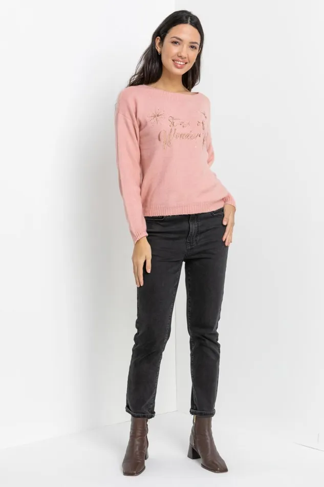 Pink Star Motif Embellished Christmas Jumper Women Roman Knitwear