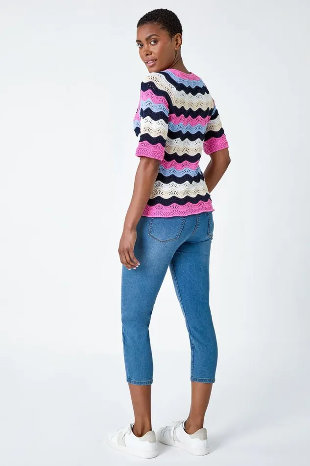 Pink Wave Stripe Cotton Knit Top Women Roman Tops