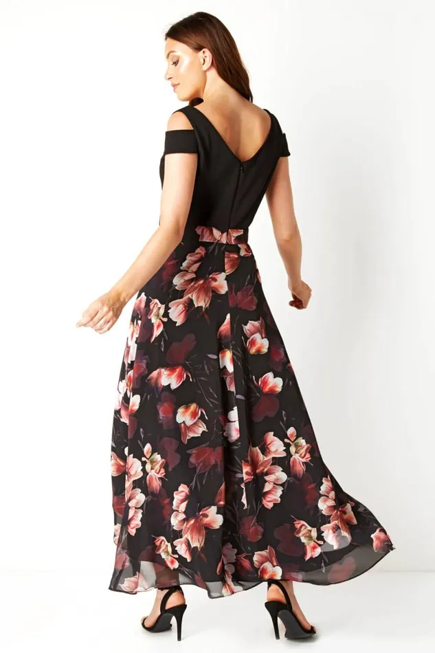 Plum Floral Print Cold Shoulder Maxi Dress Women Roman Dresses