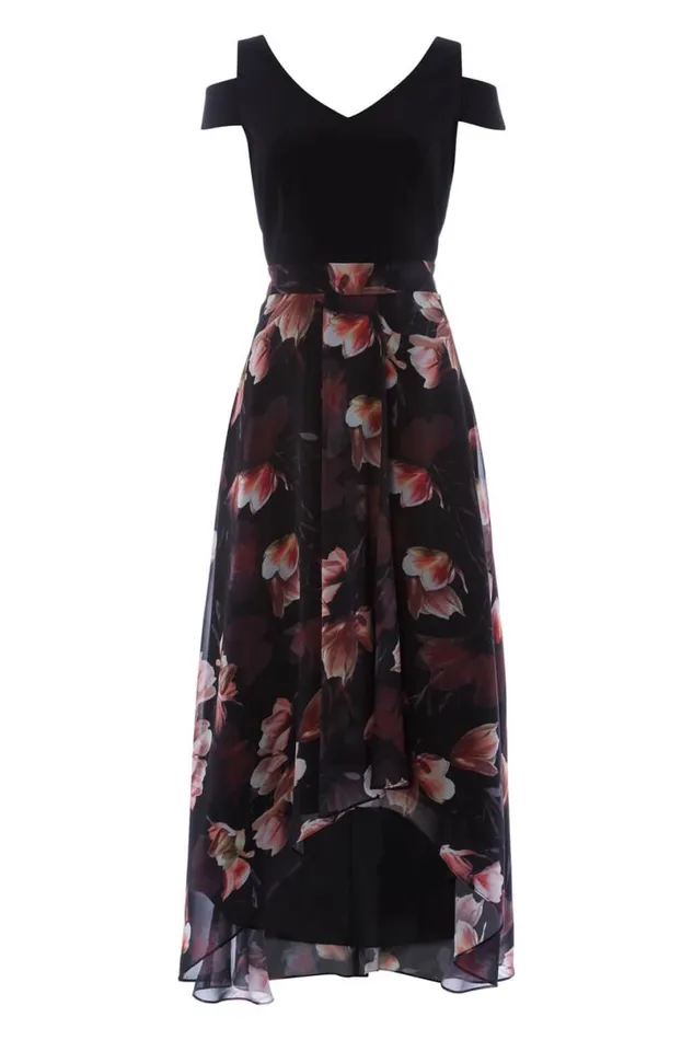 Plum Floral Print Cold Shoulder Maxi Dress Women Roman Dresses