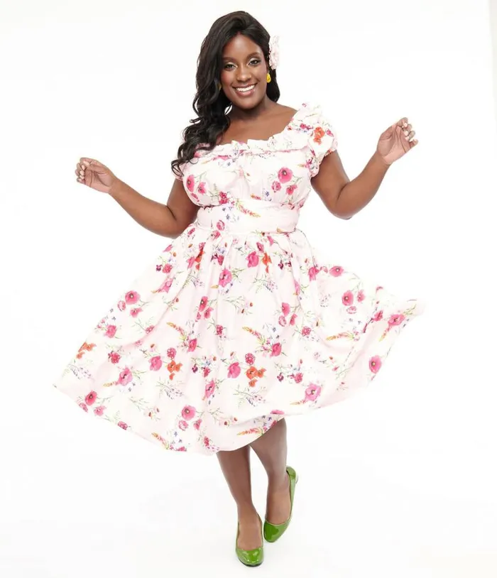 Plus Size 1950s Pink Floral Off The Shoulder Ruffle Swing Dress DressesPlus Unique Vintage Pocket Dresses
