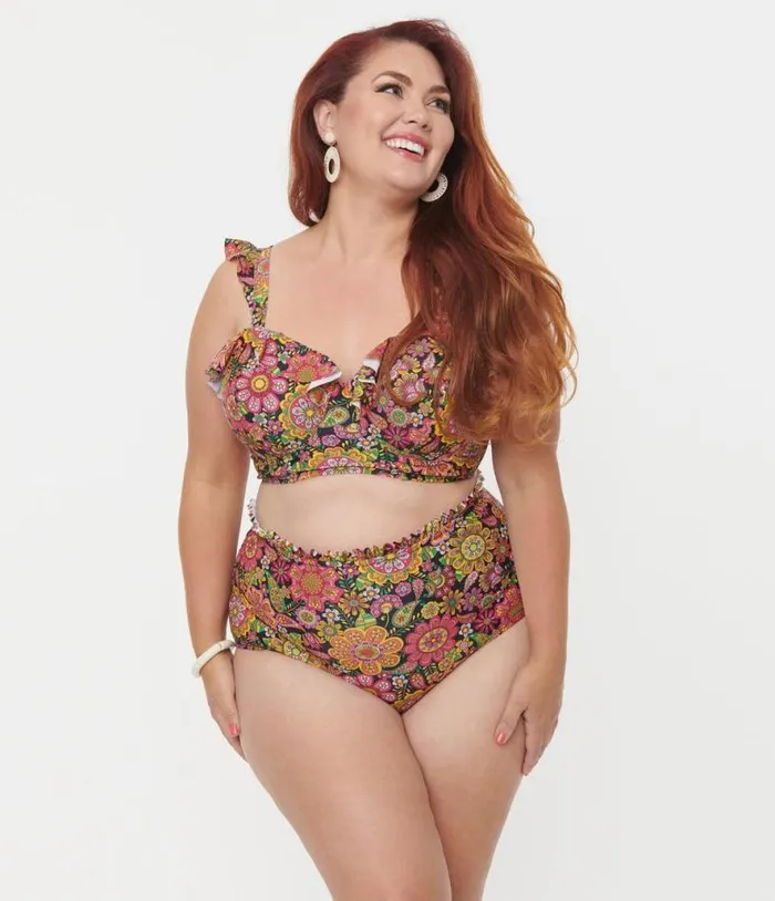 Plus Size 1960s Kaleidoscope Floral Cape May Swim Bottoms Plus Unique Vintage Two Piece Swim
