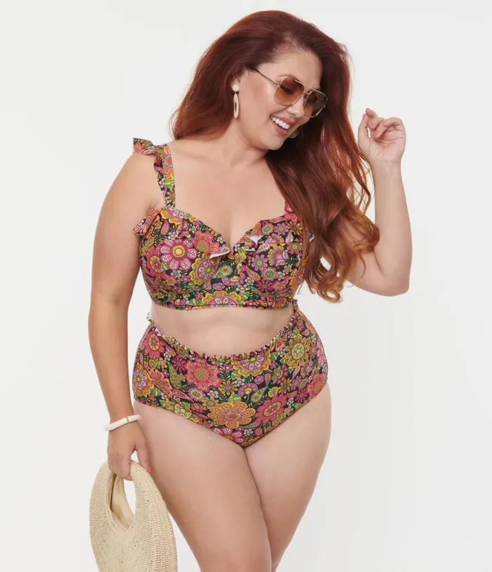 Plus Size 1960s Kaleidoscope Floral Cape May Swim Bottoms Plus Unique Vintage Two Piece Swim