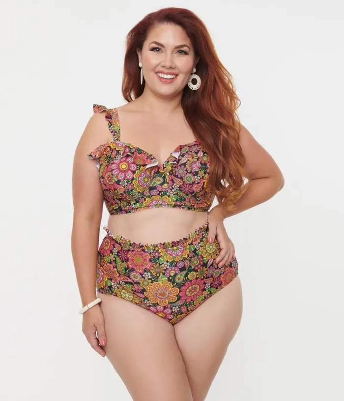 Plus Size 1960s Kaleidoscope Floral Cape May Swim Bottoms Plus Unique Vintage Two Piece Swim
