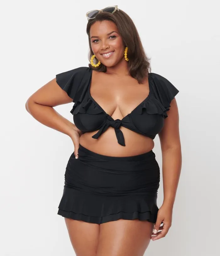 Plus Size Black Ruffled Cap Sleeve Frida Swim Top Plus Unique Vintage Two Piece Swim