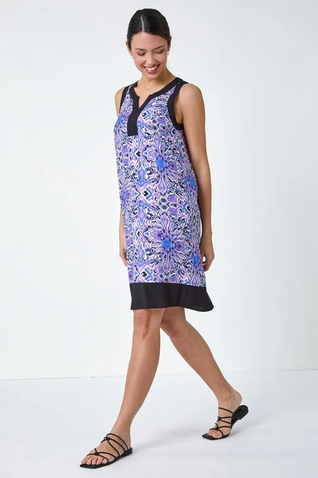 Purple Abstract Contrast Trim Shift Dress Women Roman Dresses