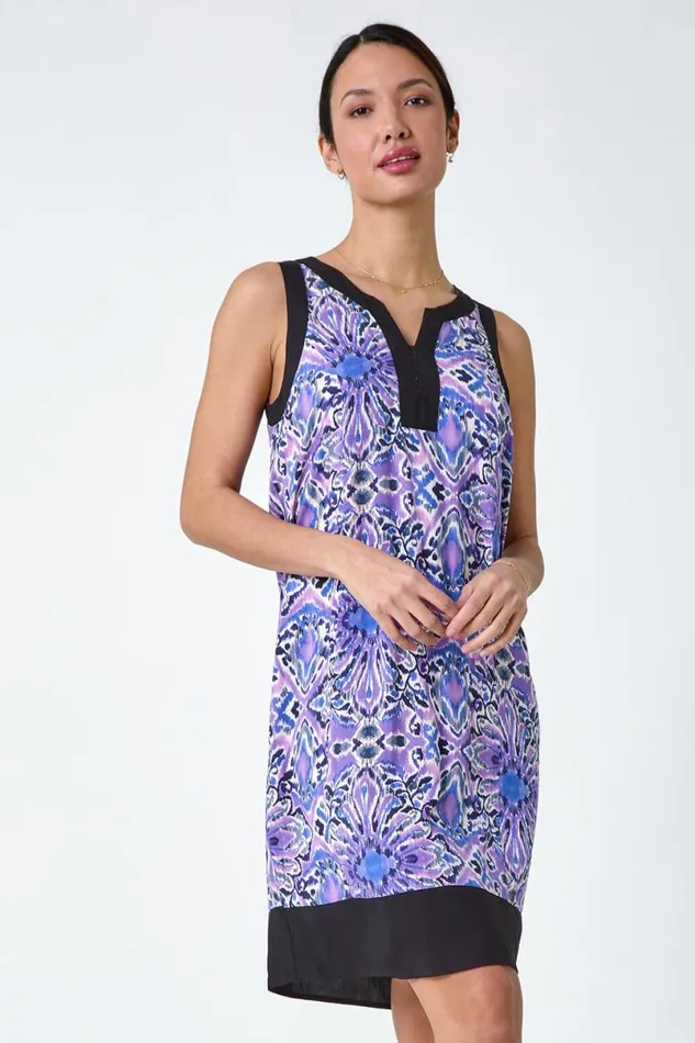 Purple Abstract Contrast Trim Shift Dress Women Roman Dresses