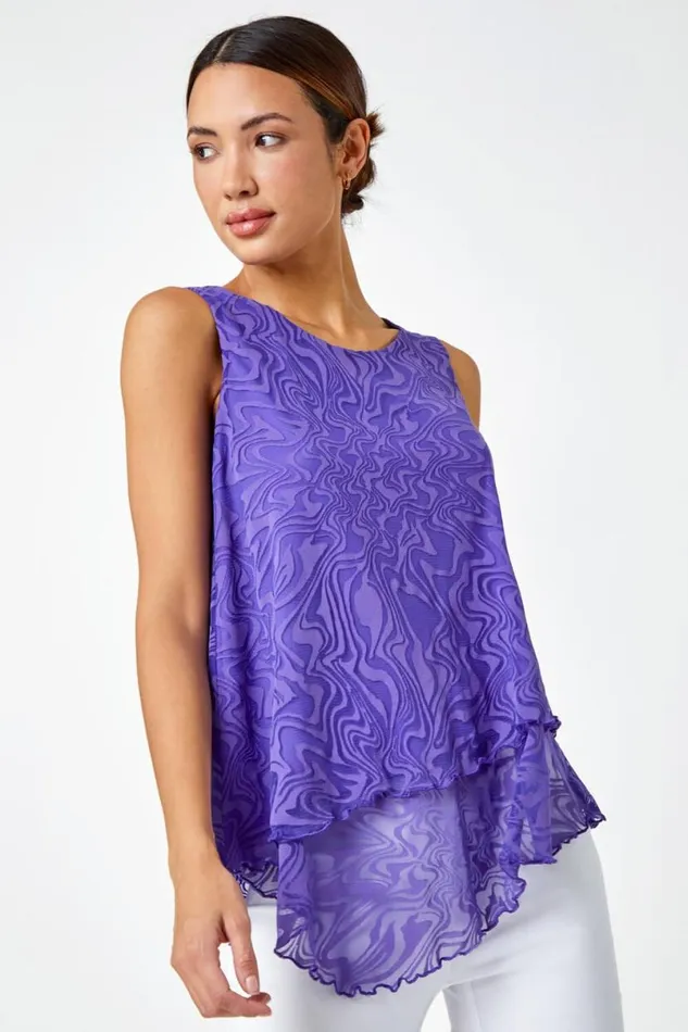Purple Burnout Swirl Print Asymmetric Top Women Roman Tops