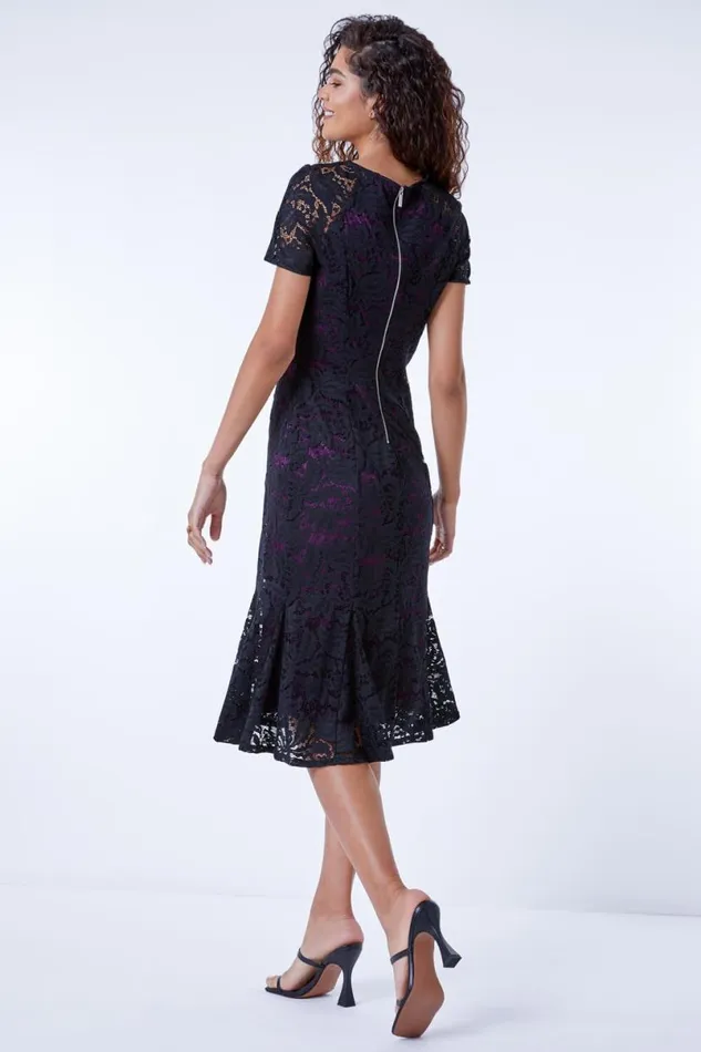 Purple Flute Hem Lace Midi Dress Women Roman Dresses