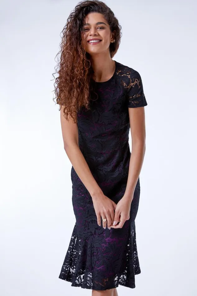 Purple Flute Hem Lace Midi Dress Women Roman Dresses