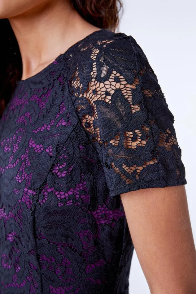 Purple Flute Hem Lace Midi Dress Women Roman Dresses
