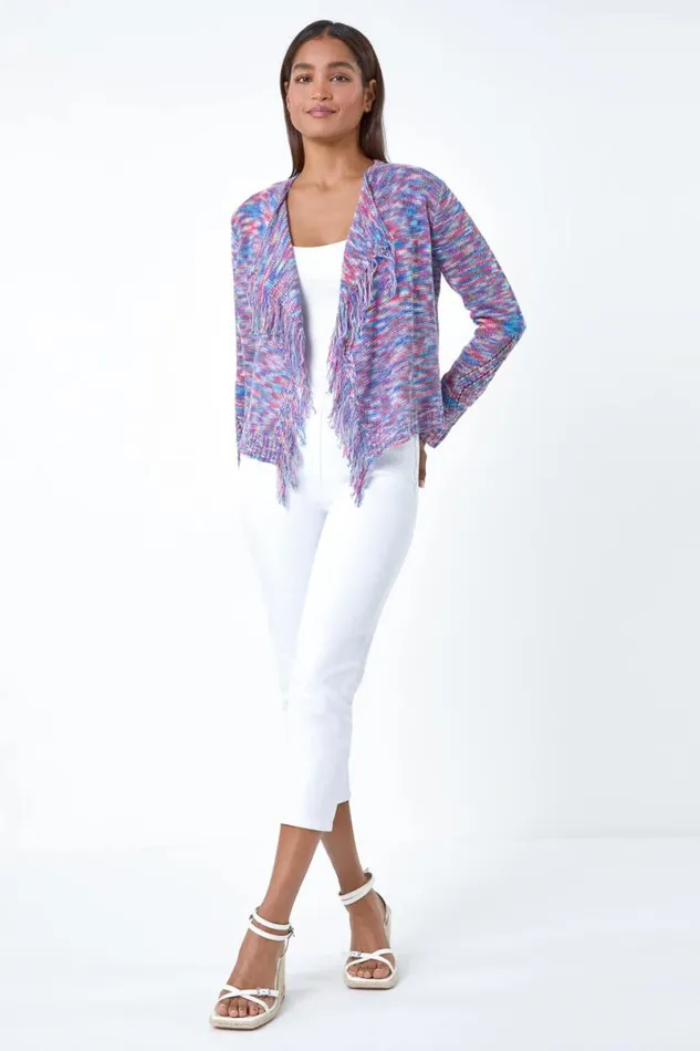 Purple Fringe Detail Waterfall Cardigan Women Roman Knitwear